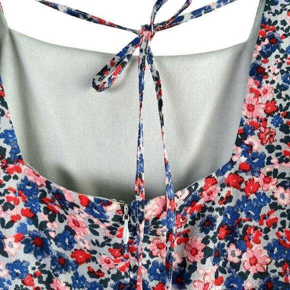 BCBG Paris Tie-Back Chiffon Floral Print Mini Tiered Dress Blue Pink, Size Small - Picture 10 of 11